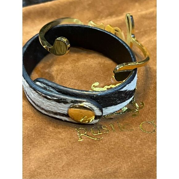 Rustic Cuff Set of Two Bracelets Gold Cuff Love and Cowhide Zebra Print - Picture 3 of 4